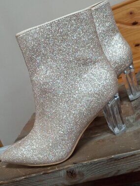 Perphy Size 8 Clear Heel Sparkly Glitter Block Heels Ankle Boots